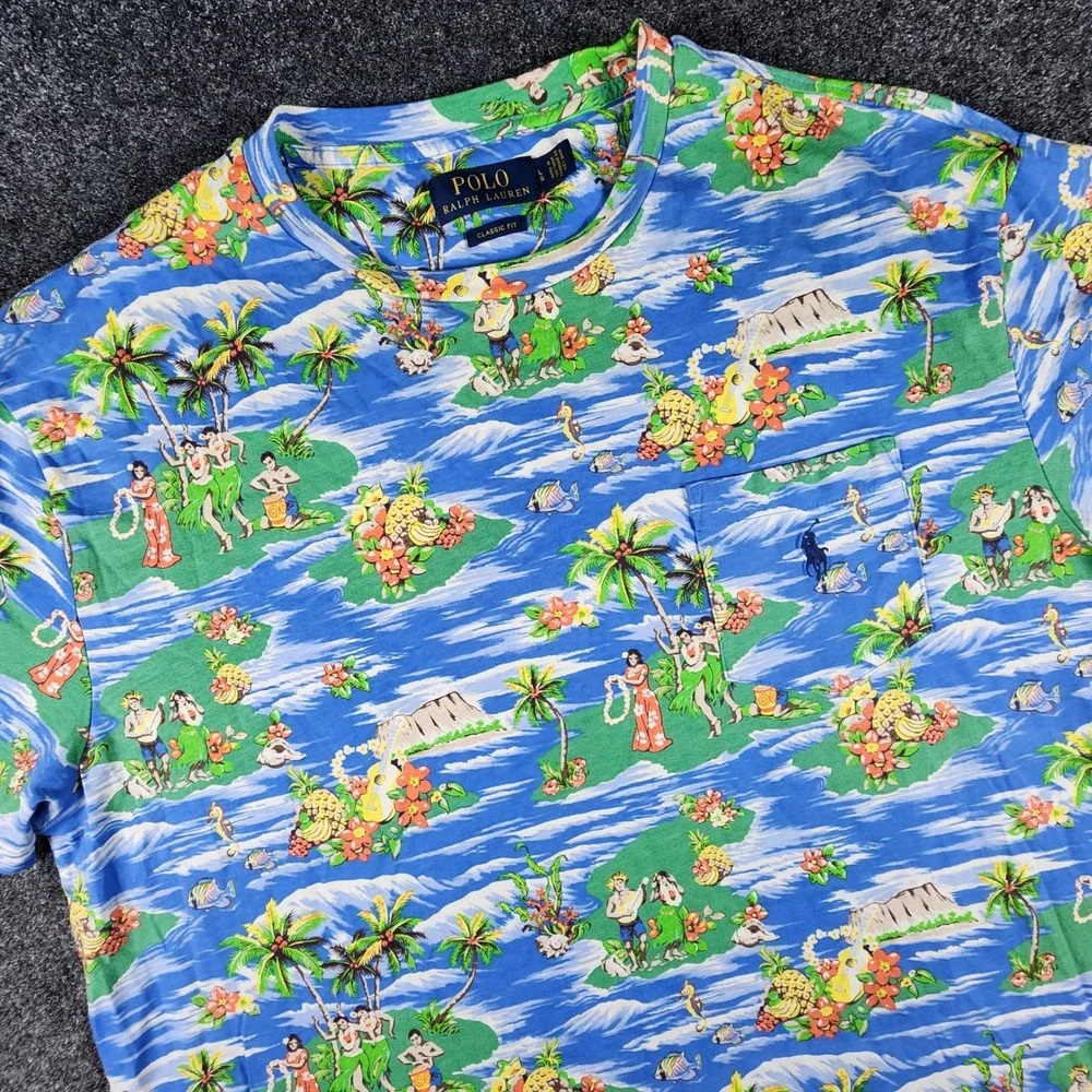 Polo Ralph Lauren Blue Hawaiian Hula Girl Island Print T-Shirt Mens L Classic